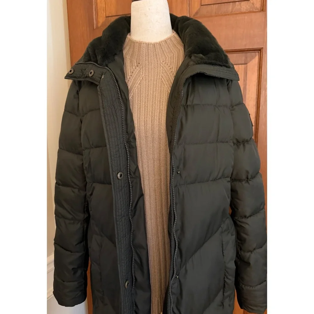Larry Levine Faux-Fur Trimmed Parka Womens Medium Dark Green Insulated Coat‎